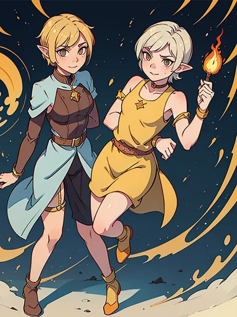 androgynous elf, blonde, short hair, orange eyes, smirk, sorcerer, aventurer clothes, full body, dungeon meshi artstyle