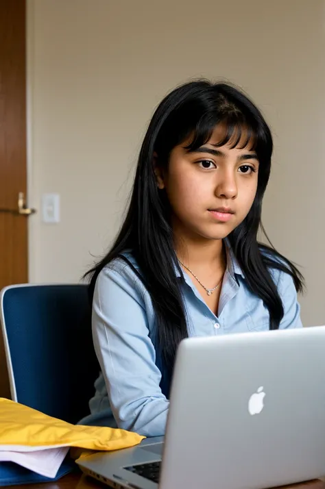 Latina high school student girl black hair  watching her laptop realistic 