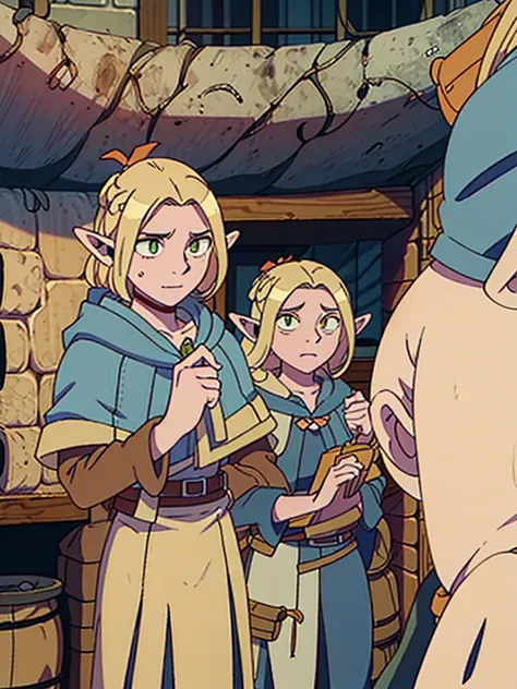 Androgynous elf, blonde, short hair, orange eyes, smirk, sorcerer, aventurer clothes, full body, Dungeon Meshi artstyle