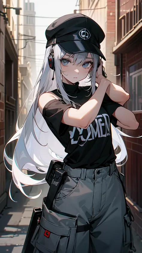 
“Create a high-resolution image of a character with long silver hair wearing a cap. The character’s hair is tied and falling down from the back of the cap. They are dressed in an off-shoulder black shirt with the word ‘ROCK’ in white letters on the chest....