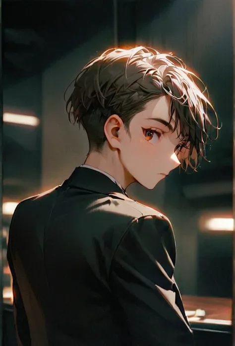 Half body portrait of a young man  ,white short Undercut, brown eyes, wears an all black suit. Stand and look back. Look back. Half-body image. Look back. ยืนท่ามกลางความวุ่นวาย