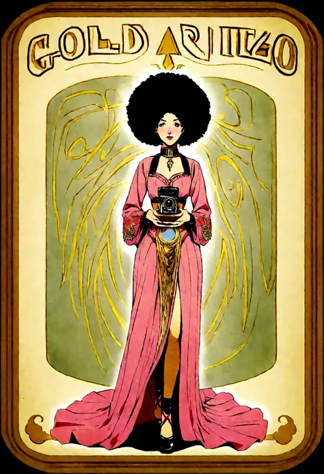 Imagine an elegant Afro-educated woman standing confidently in front of a neon sign that reads "Gold jar." The image captures the style of the early 2020s and features a photo of the womans full body, who is approximately 25 years old, placing her hands on...