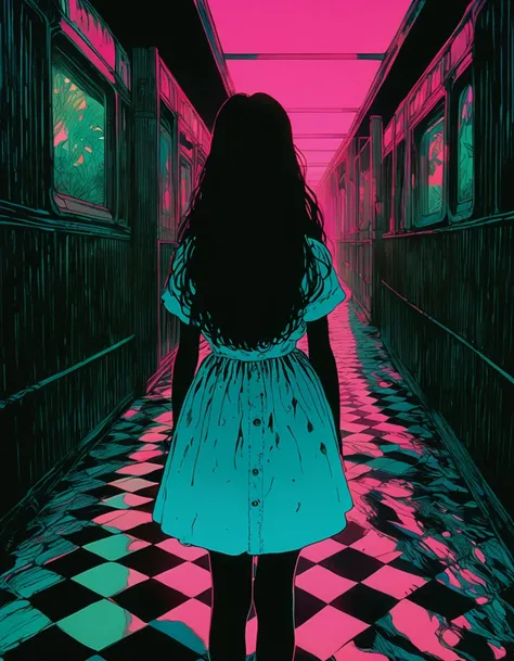 illust、art、from 80s horror movie, directed by Junji Ito、Alice in Wonderland、high detail, realsitic shadow、Analog style, vhs style, 8mm film, chromatic aberration, Dvd screengrab、Surrealism、Complementary color gradient