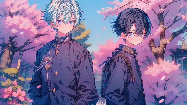 1boy,Highest quality、Masterpiece、Official Art、The best dynamic composition、Light blue hair color、Boys are high school students、Entrance Ceremony、School uniform｜Xiejin｜Black 、sneakers、Cherry blossom petals、Baby Face、Cowboy Shot、Blue and white checked backpa...