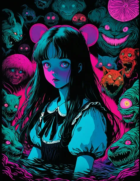 illust、art、from 80s horror movie, directed by Junji Ito、Alice in Wonderland、high detail, realsitic shadow、Analog style, vhs style, 8mm film, chromatic aberration, Dvd screengrab、Surrealism、Complementary color gradient