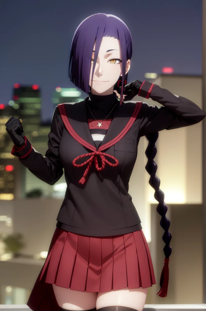 maganechikujouin, magane chikujouin, long hair, purple hair, braid, single braid, (hair over one eye:1.5), (yellow eyes:1.3), sm...