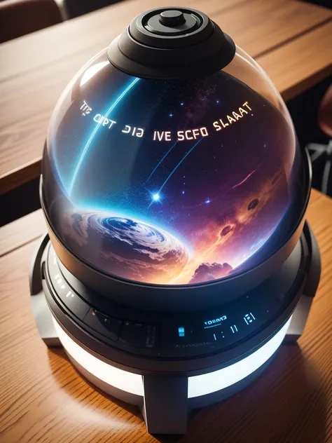 Create a holographic Sci-fi Datapad with text and images of planets on a table.