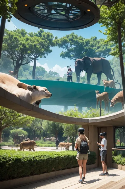 ((best quality)), ((masterpiece)), (detailed) A modern zoo where visitors can interact with animals in a safe and educational way. The site also offers virtual reality experiences that allow you to explore the natural habitats of endangered species.