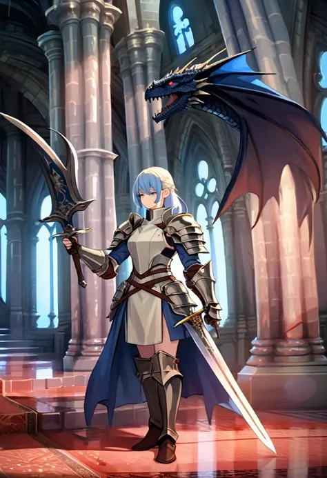 RPG-style, a female swordsman, stands in the dimly lit halls of an ancient castle, woman with dragon horns and dragon tail (midnight blue color) standing with two long swords, long leather coat with two small metal shoulder pads, cream-colored dress with b...