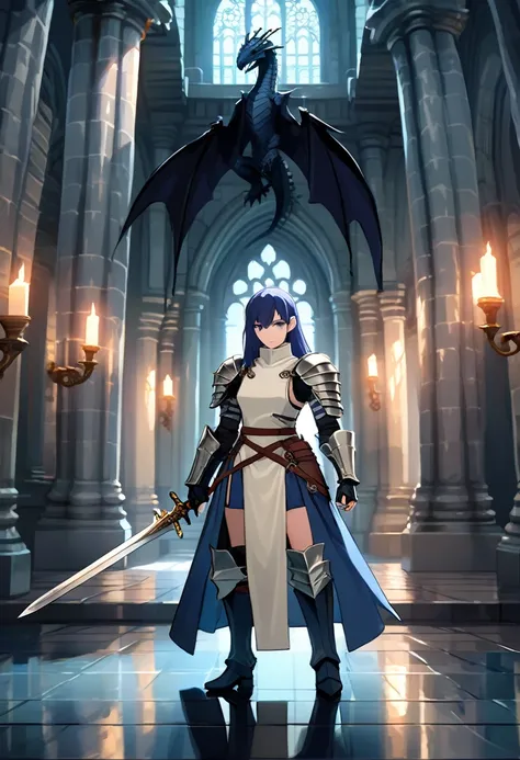 RPG-style, a female swordsman, stands in the dimly lit halls of an ancient castle, woman with dragon horns and dragon tail (midnight blue color) standing with two long swords, long leather coat with two small metal shoulder pads, cream-colored dress with b...