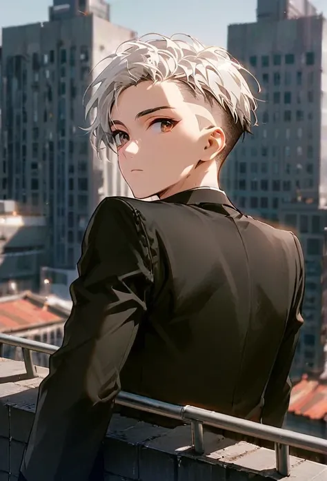 Half body portrait of a young man  ,white hair,short Undercut, brown eyes, wears an all black suit. Stand and look back. Look back. Half-body image. Look back. Rooftop city background  