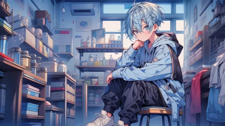 1boy,Highest quality、Masterpiece、Official Art、The best dynamic composition、Light blue hair color、The boy is a university student、hoodie、Black trousers、sneakers、Researching in the laboratory、