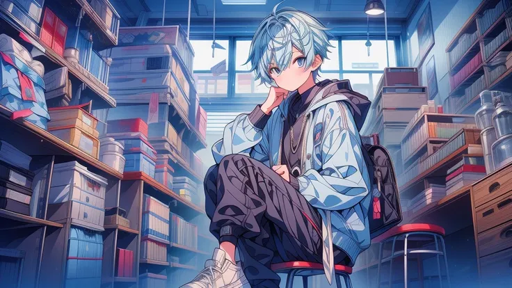 1boy,Highest quality、Masterpiece、Official Art、The best dynamic composition、Light blue hair color、The boy is a university student、hoodie、Black trousers、sneakers、Researching in the laboratory、