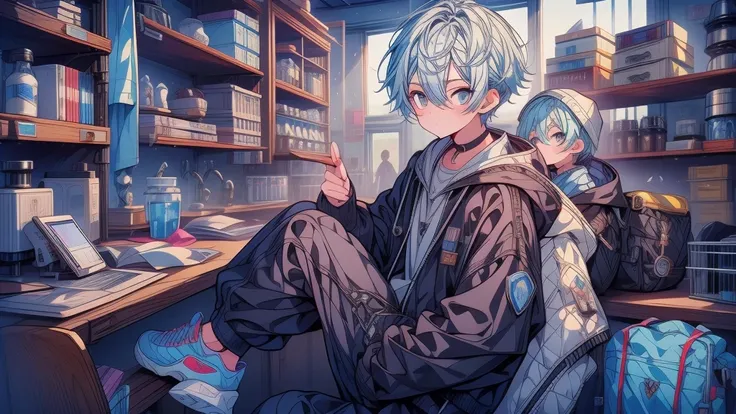 1boy,Highest quality、Masterpiece、Official Art、The best dynamic composition、Light blue hair color、The boy is a university student、hoodie、Black trousers、sneakers、Researching in the laboratory、Cowboy Shot、