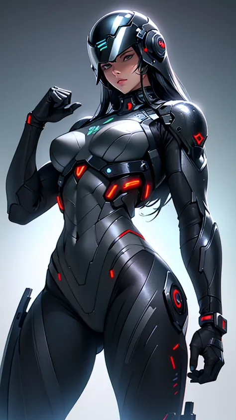 Beautiful cybernetic girl detailed muscles realistic masterpieces full figure pose (best quality,ultra-detailed), cybernetic helmet, fit body, slim figure, narrow waist, large buttocks, (cocky expression), wearing a full black carbon fiber cybernetic mobil...