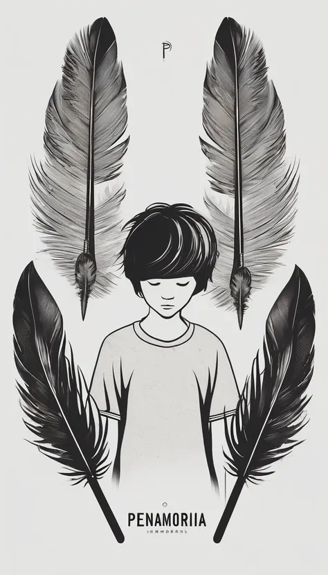 A minimal, modern, simple, cinematic logotype of a boy with a head full of feathers for the brand “Penamemoria".