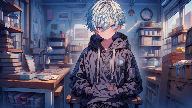 1boy,Highest quality、Masterpiece、Official Art、Detailed eyes、The best dynamic composition、Light blue hair color、The boy is a university student、hoodie、Black trousers、sneakers、Researching in the laboratory、Cowboy Shot、