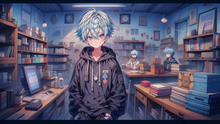 1boy,Highest quality、Masterpiece、Official Art、Detailed eyes、The best dynamic composition、Light blue hair color、The boy is a university student、hoodie、Black trousers、sneakers、Researching in the laboratory、Cowboy Shot、