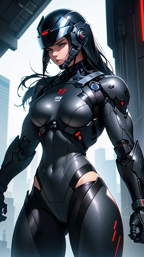 Beautiful cybernetic girl detailed muscles realistic masterpieces full figure pose (best quality,ultra-detailed), full cover cybernetic helmet, fit body, slim figure, narrow waist, large buttocks, wearing a full black carbon fiber cybernetic mobile battle ...