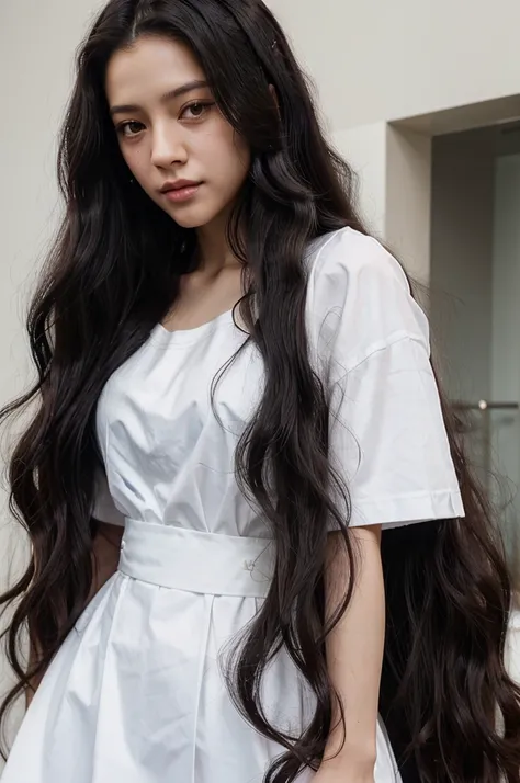 a close up of a woman with long hair and a white shirt, wavy long - length black hair, dynamic wavy hair, wavy long black hair, long wavy black hair, wavy black hair, black wavy hair, portrait jisoo blackpink, jisoo of blackpink, jisoo from blackpink, extr...