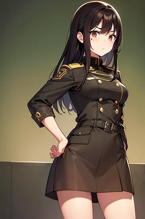 Content:
A black, adult female general with long brown hair and brown eyes. She has a mature face and is wearing a uniform loosely inspired by German military attire. She is saluting the camera with a confident and serious expression, her left hand behind ...