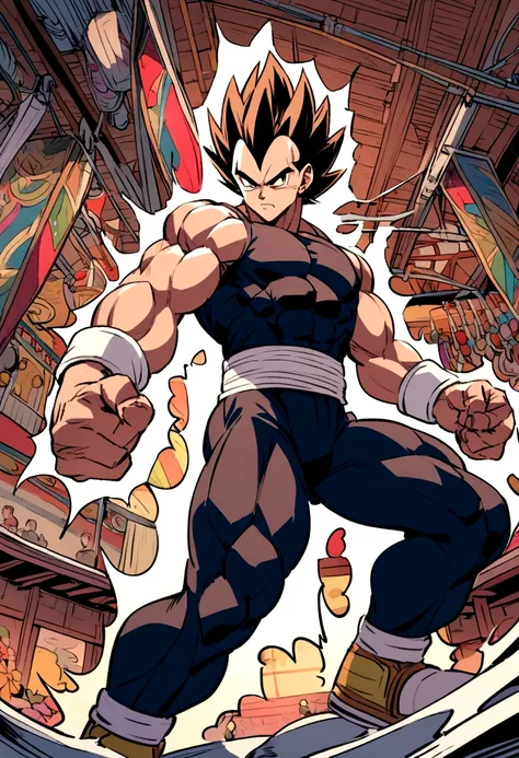 A detailed drawing of Vegeta training intensely in a bodybuilding gym.