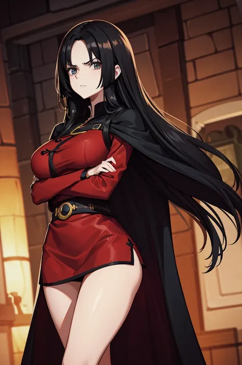 Tall long-haired woman in black cape and red clothing with arms down and clenched fists 