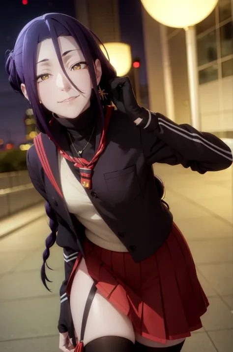 maganechikujouin, magane chikujouin, long hair, purple hair, braid, single braid, (hair over one eye:1.5), (yellow eyes:1.3), sm...