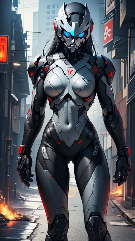  cybernetic girl detailed muscles realistic masterpieces full figure pose (best quality,ultra-detailed), cybernetic skull helmet covering face, fit body, slim figure, narrow waist, large buttocks, wearing a full black carbon fiber cybernetic mobile battle ...