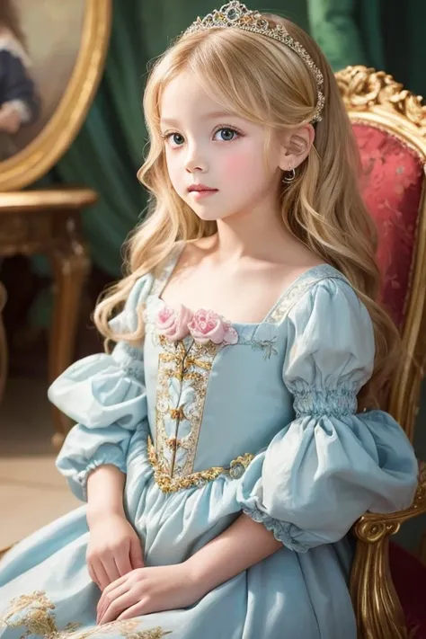 A 6-year-old beautiful girl painted in an oil painting style reminiscent of an impressionist painting. She is fair-skinned and, With long blonde hair、She is wearing a gorgeous Rococo dress. The backdrop is a magnificent, gorgeous, cinematic palace.