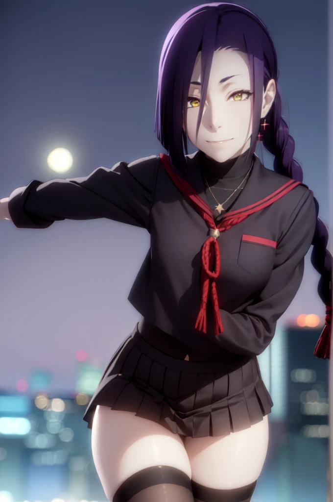 maganechikujouin, magane chikujouin, long hair, purple hair, braid, single braid, (hair over one eye:1.5), (yellow eyes:1.3), sm...