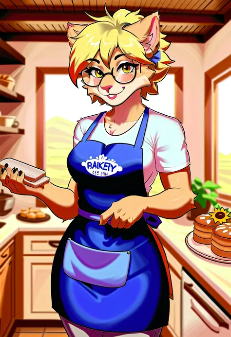 furry girl,apron,looking at viewer,glasses,sunflower hair clip,kitchen,bakery tools,