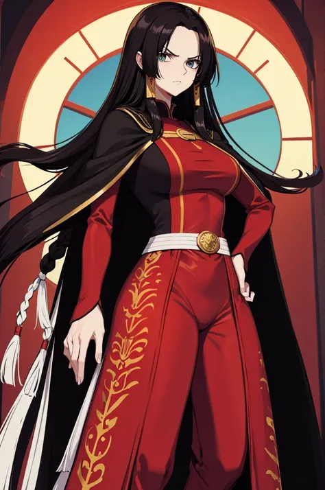 tall long haired woman wearing black cape and red clothes with arms crossed long tight pants