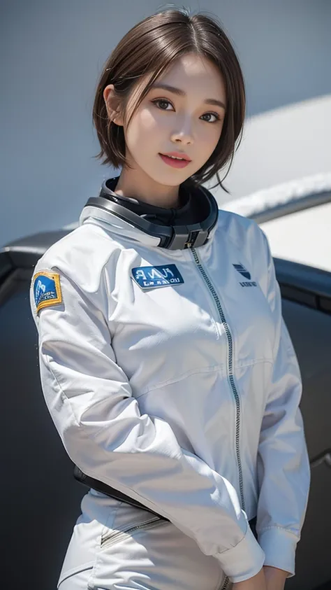 Highest quality、masterpiece、Ultra-high resolution、(Genuine:1.4)、Beautiful woman１、Beautiful details in the eyes and skin、smile、Light brown short hair、The perfect space suit、Grey Sky、Snow Planet、