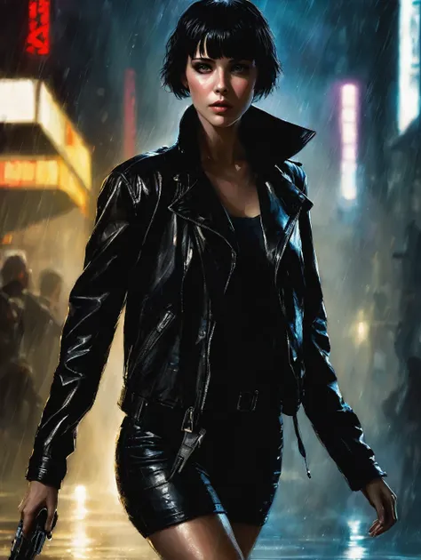 1 female, short hair,  with black leather jacket, 
blade runner rain shadow dramatic lighting art，author：john burkey
(best quali...