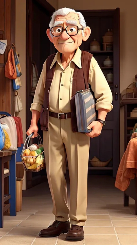 An elderly man struggling to carry groceries.