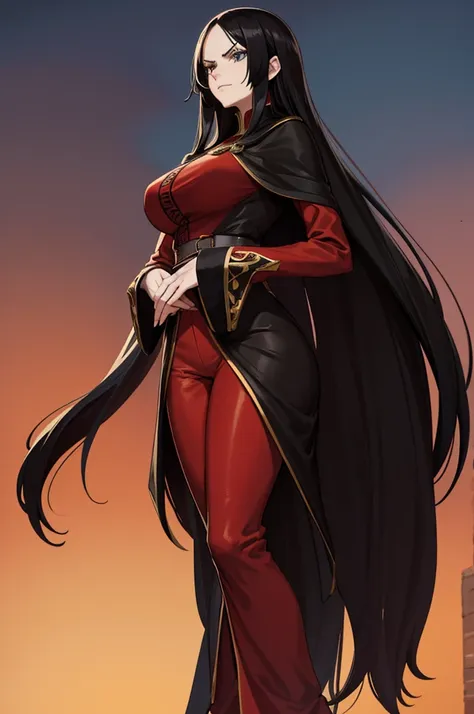 tall long haired woman wearing black cape and red clothes with arms crossed long tight pants