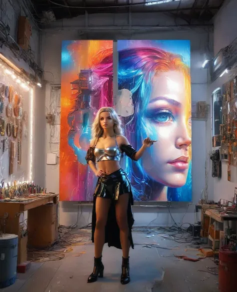 a cyborg girl standing in a large bright studio, engaged in creating a self-portrait on canvas, depicted in majestic beauty and elegance, her metallic skin reflecting light creating a play of hues like an expensive jewelry, long metal hair framing her face...