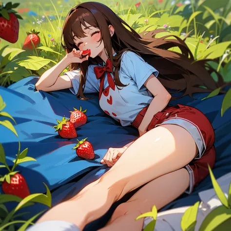 Light-skinned girl with long brown hair, fringe and a red bow on the back of her head, wearing blue dungarees with a white short-sleeved T-shirt with blue shorts and knee-high socks, eyes closed, red shoes in the background on a strawberry field with red c...