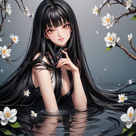 black long hair, blunt bangs,((((jet black, black hair)))),(ultra-detailed eyes, beautiful and detailed face, detailed eyes: 0.9...