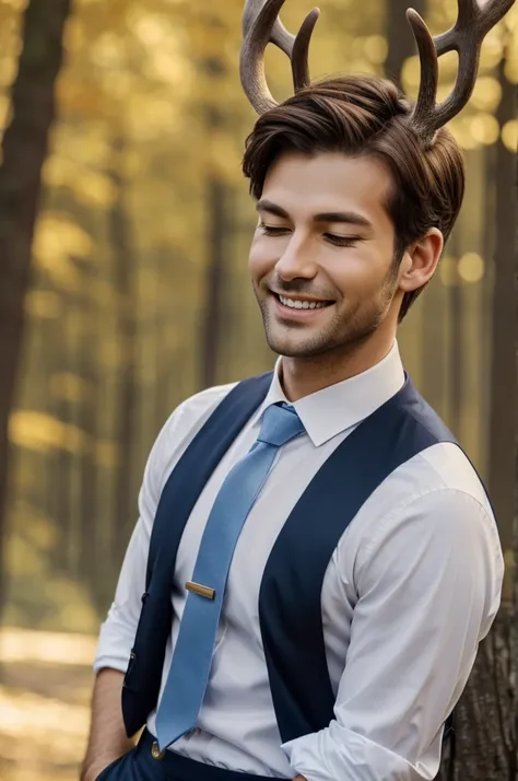 Male deer hybrid, Short brown hair with Omega body, Closed eyes, a charming smile, a white shirt with a light blue tie and a star in the bow, drooping deer ears and black antlers and fluffy tail