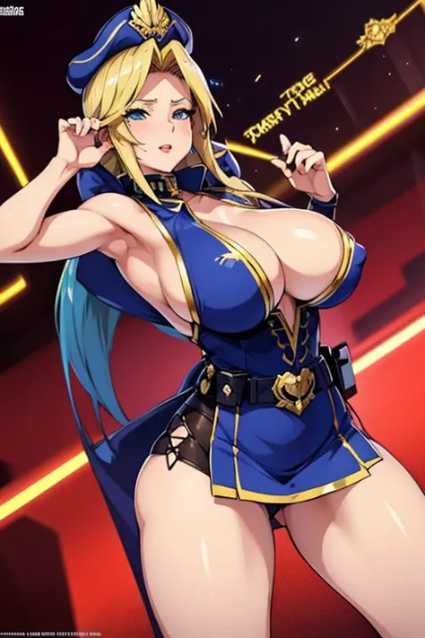 8K(Anime style face:1.5)woman,Huge boobs,very red lips,Emphasis on huge breasts,Big Ass,Thin waist long legs,Green Eyes, Emphasis on huge breasts,Greenish blue eyes blonde(Purple light-up)Police Officer,mini skirt(Triumphant Face:1.5), The face we&#39;re l...