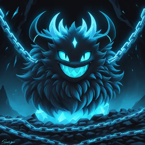 fluffy cute ball of chains dark and sinister eyes chains glowing with eerie blue light demonic horns curved downward and a fanged grin background black rock and icy blue