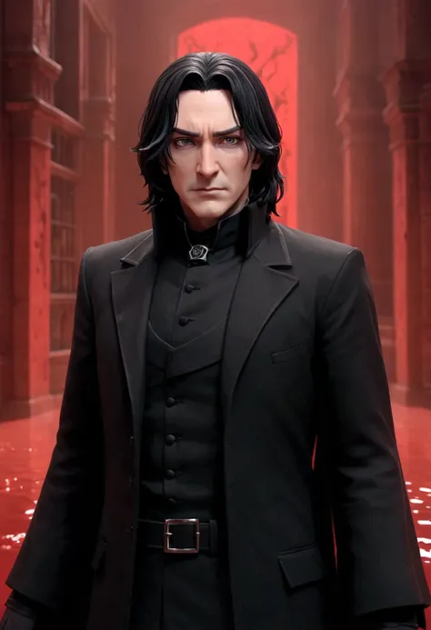 arafed image of a a severus snape standing in front of a red background, standing in a pool of blood, animated film still, rotoscoped, red smoke follows his movement, animation still screencap, emitting evil red aura, rotoscope, animated still, white hair ...