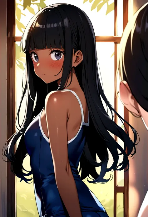 1 person、beach、School swimsuit、Sunburn、Tan Skin、Embarrassed、女の子1 person、Navy blue school swimwear、blunt bangs、Black Hair、super fine illustration,(((beautiful fine hair))),(((beautiful fine face))),(((beautiful fine background))),Midsummer、beachBlack Hair、b...