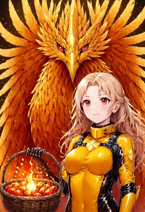 (upper body:1.3), 1 girl,phoenix guardian, fireproof suit with golden phoenix emblem, fire basket and obsidian stick, phoenix ne...