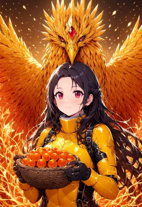 (upper body:1.3), 1 girl,phoenix guardian, fireproof suit with golden phoenix emblem, fire basket and obsidian stick, phoenix ne...