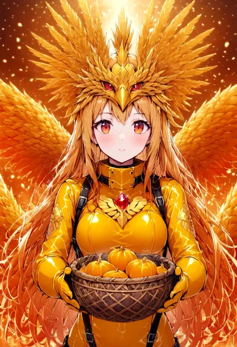 (upper body:1.3), 1 girl,phoenix guardian, fireproof suit with golden phoenix emblem, fire basket and obsidian stick, phoenix ne...