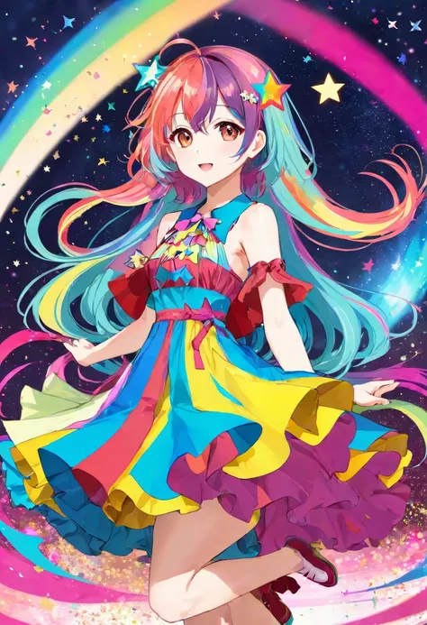 1 girl, cute ,  25 yo, sweet colourfull dress, idol, star on the face, midle range hair, colourfull hair. anime, full body shot