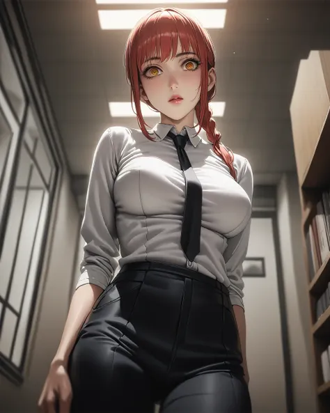 Makima (chainsaw_man), solo, chainsaw_man, 1girl, red_hair, medium_hair, ((ringed_eyes)), yellow_eyes, braided_ponytail [suit], white shirt, black tie, office background, indoors, formal, medium_breasts, (official art), fantasy, masterpiece, best quality, ...